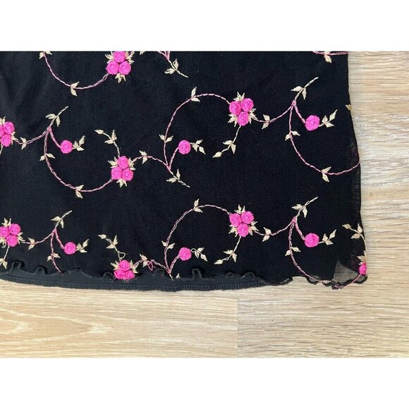 Vtg Y2k Top Small Black Pink Mesh Lettuce Hem Floral Embroidered Fairy Made USA - Picture 3 of 9
